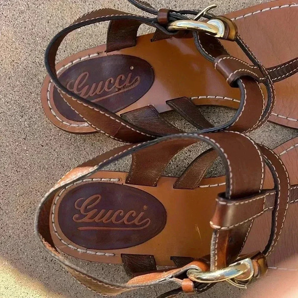GUCCI Brown Leather Sandals Bamboo Buckle Straps Sz 36.5 - Picture 5 of 11